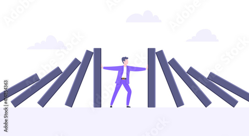 Domino effect or business resilience metaphor vector illustration concept. Adult young businessman pushing falling domino line business concept of problem solving and stopping domino chain reaction.