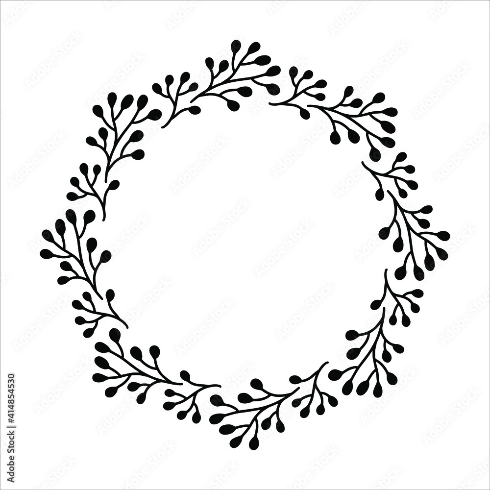 Vector hand drawn spring wreath isolated on white background. Silhouette circle of leaves. Doodle style. Floral frame. Vector hand drawn spring wreath isolated on white background. Silhouette circle of leaves. Doodle style. Floral frame.