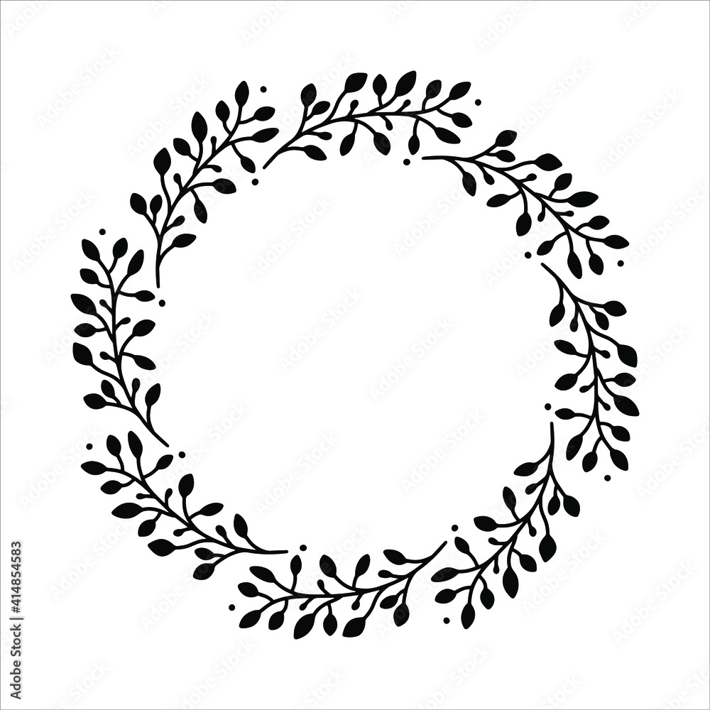 Vector hand drawn spring wreath isolated on white background. Silhouette circle of leaves. Doodle style. Floral frame. Vector hand drawn spring wreath isolated on white background. Silhouette circle of leaves. Doodle style. Floral frame.