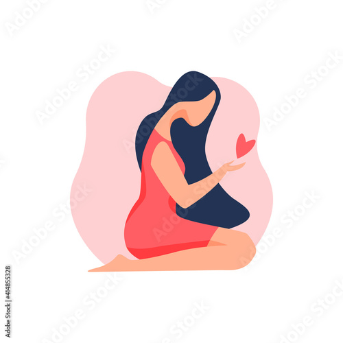 Young woman holds a heart in her hands. Romantic character. Vector illustration in flat style