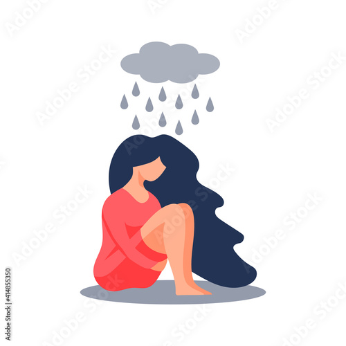 Sad lonely woman in depression. Young unhappy girl sitting and hugging her knees. Depressed teenager. Stress and emotion concept. Vector illustration in flat cartoon style