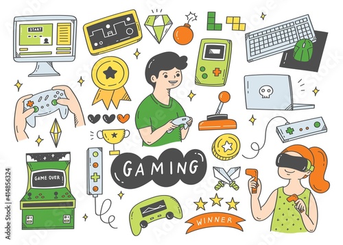 Set of video game doodle vector illustration