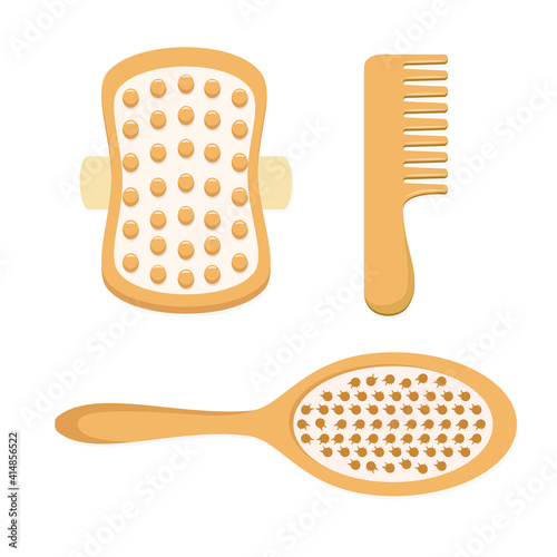 Set of wooden brushes. Massage brush, hairbrush