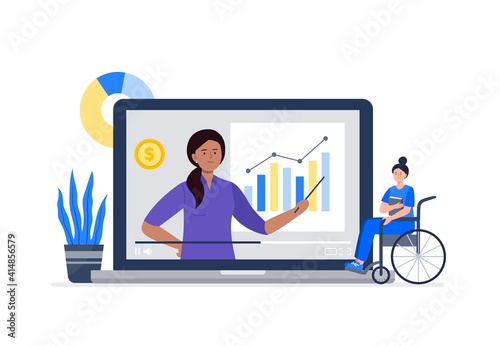 Online economy and finance concept. Course from professionals, bloggers. Online education, e-learning, studying at home. Vector flat illustration.