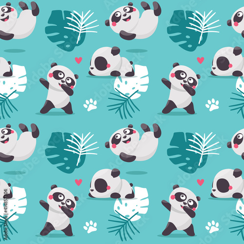 Cute seamless pattern with Panda Bears, leaves and plants.