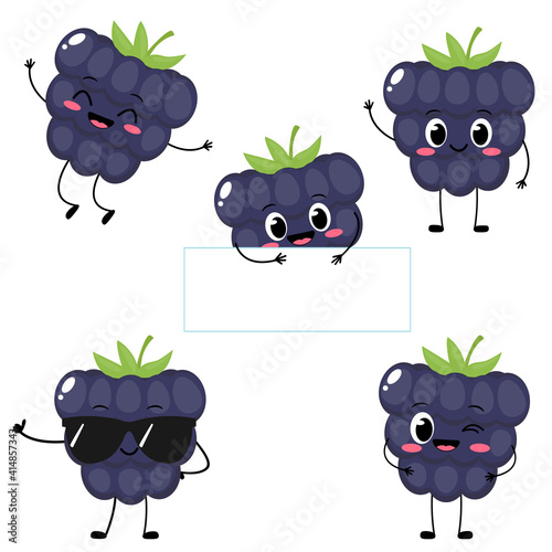 Cute cartoon happy blackberry character set