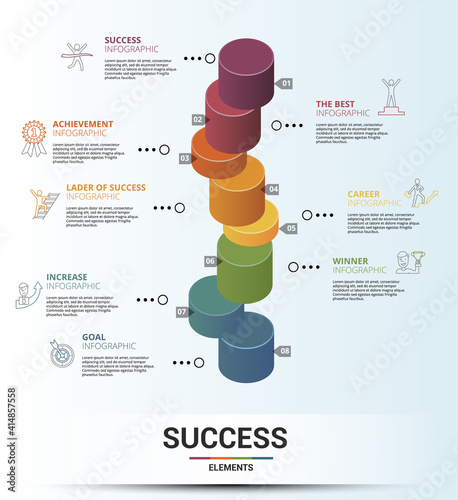 Infographic Success template. Icons in different colors. Include Success, The Best, Achievement, Lader Of Success and others.