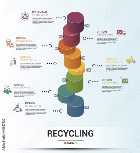 Infographic Recycling template. Icons in different colors. Include Recycling, Trash Container, Burnable Trash, Oversized Garbage and others.