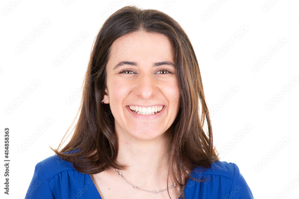 portrait of young smiling woman looking happy laugh in camera portrait of young smiling woman looking happy laugh in camera