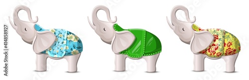 Vector cartoon flat style lucky elephants with lifted up trunks. Isolated on white background illustration.
