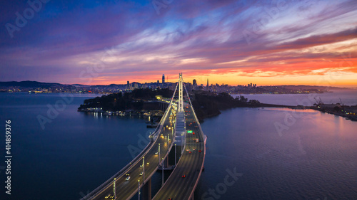 Aerial view of San Francisco Oakland Bay Bridge at Sunset
