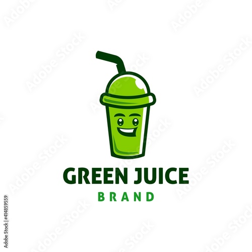healthy green tea or vegetable fruit juice cup & straw logo icon mascot design vector with happy smile expression