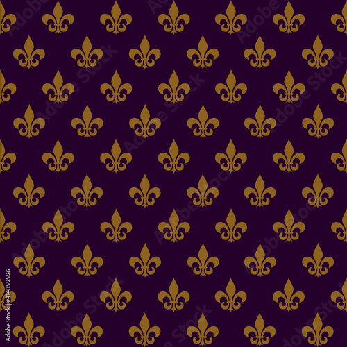 Seamless background of Mardi Gras. Yellow heraldic lilies in a checkerboard pattern on a dark purple background. A symbolic image of a flower. Vector illustration isolated for design and web.