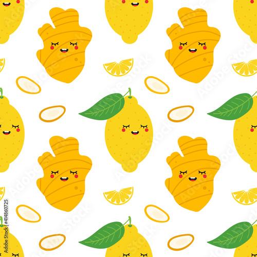 Cute cartoon style vector ginger and lemon characters vector seamless pattern background.