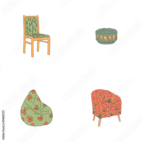 Chair, pouf, been bag chair, armchair. Four images.