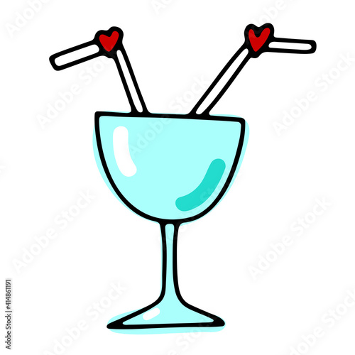 Doodle cocktail for two. Color glass with straws isolated on white background. Crockery with red hearts sign of love. Valentines day, date, wedding romantic symbol. Vector festive cute illustration