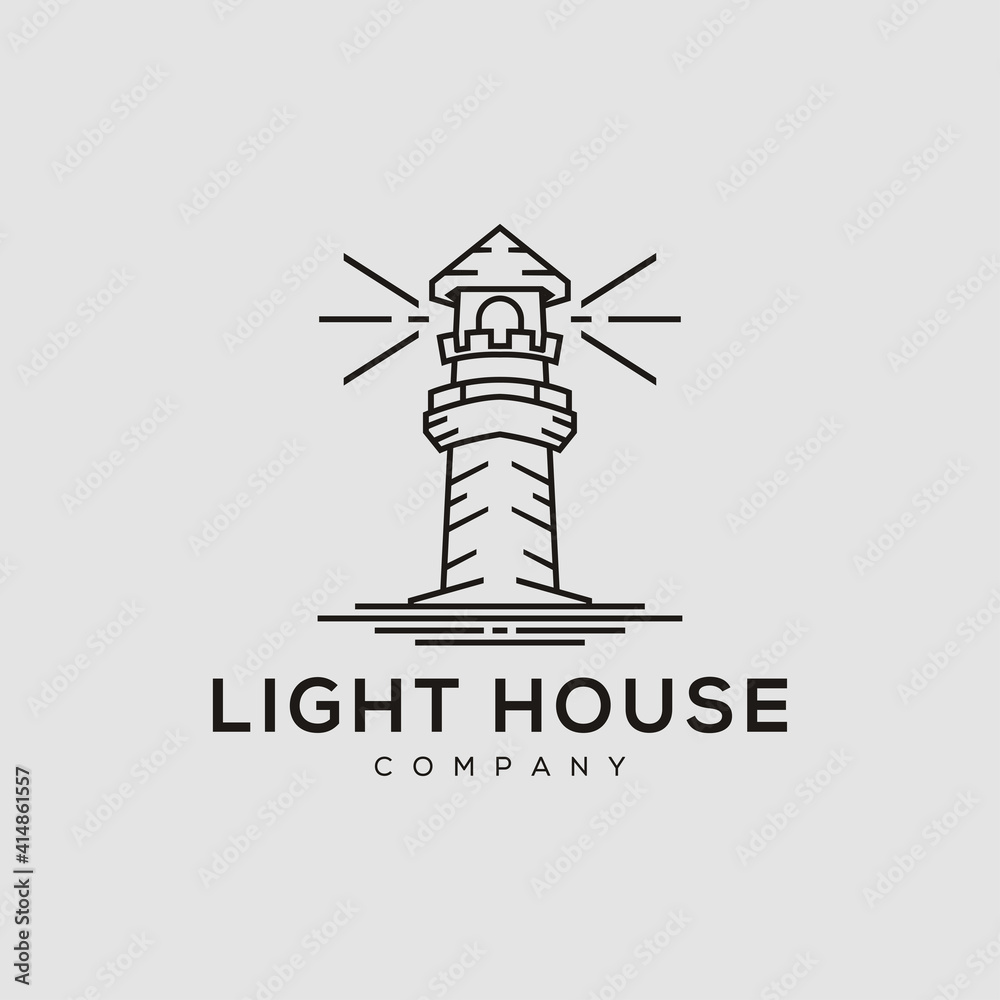 Sea Light house bacon tower illustration with line art style logo design Sea Light house bacon tower illustration with line art style logo design