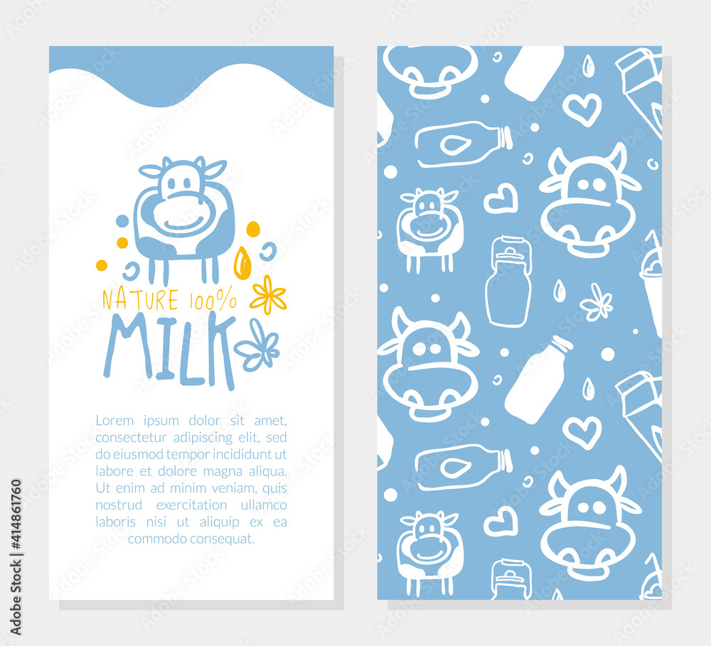 Natural Milk Card Template, Organic Dairy Products Banner, Brochure, Flyer, Poster, Card, Packaging with Hand Drawn Seamless Pattern Vector Illustration