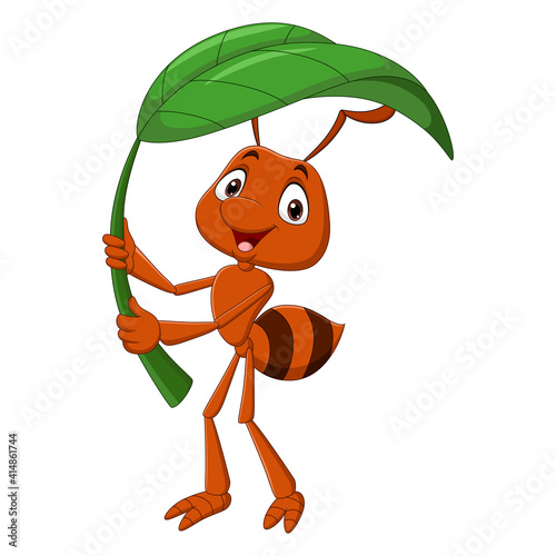 Cute ant cartoon holding green leaf