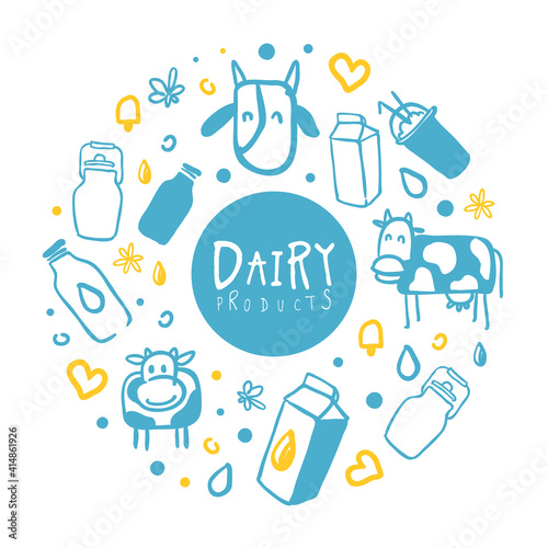 Dairy Products Banner, Organic Natural Milk Brochure, Cover, Flyer, Poster, Card, Packaging Template n Hand Drawn Vector Illustration