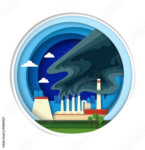 Industrial plant building with smoking pipes in circle, vector illustration in paper art craft style. Industrial toxic smoke emissions. Environmental pollution and ecology problems. Save environment.