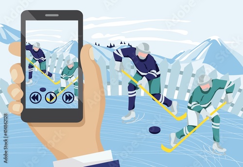 Hand recording video with hockey players. Two men playing hockey outdoors on beautiful winter landscape. Hand holding smartphone and streaming online cartoon vector illustration