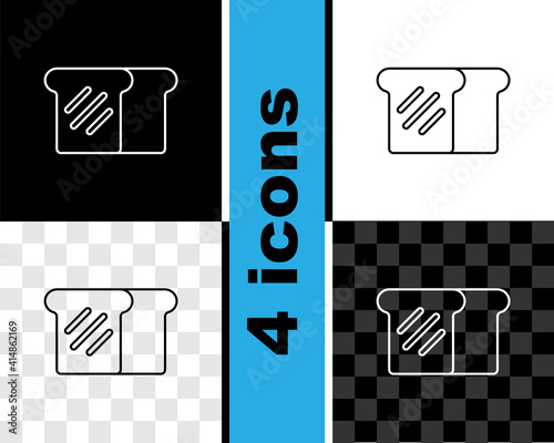 Set line Bread toast for sandwich piece of roasted crouton icon isolated on black and white, transparent background. Lunch, dinner, breakfast snack. Vector.