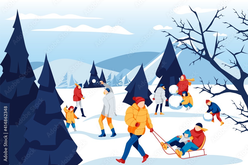 Winter outdoor activities concept. People in winter outfit spending time together and having fun on holidays. Parents and kids making snowman, sledding, playing snowballs cartoon vector illustration