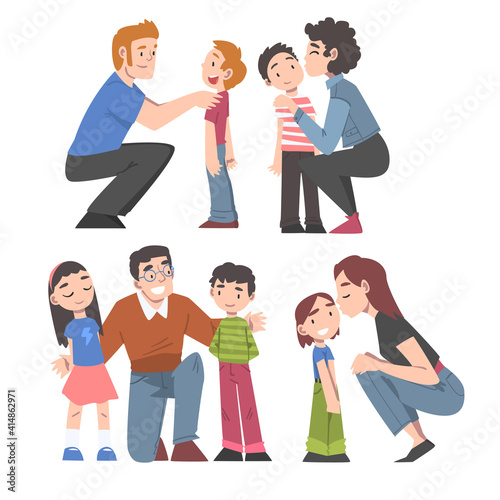 Cheerful Mom and Dad Hugging and Kissing their Little Children Set, Happy Parenthood Concept Cartoon Style Vector Illustration