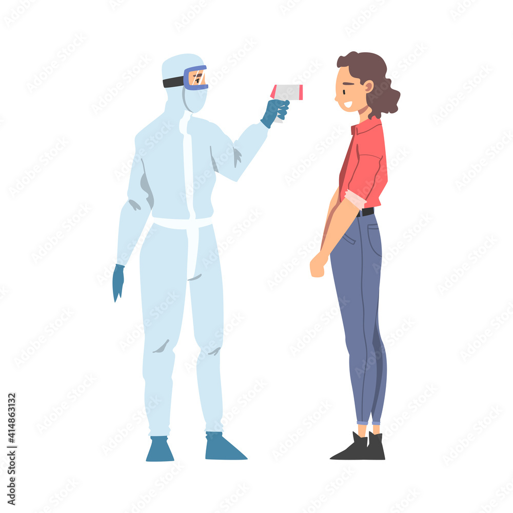 Doctor Measuring Temperature of Woman with Infrared Thermometer, Medical Professional Checking Temperature to Scrub Coronavirus Infection Cartoon Vector Illustration Doctor Measuring Temperature of Woman with Infrared Thermometer, Medical Professional Checking Temperature to Scrub Coronavirus Infection Cartoon Vector Illustration