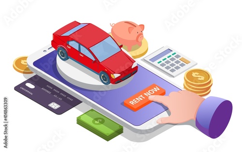 Isometric smartphone with red auto on screen, flat vector illustration. Rent car online concept. Car rental app.