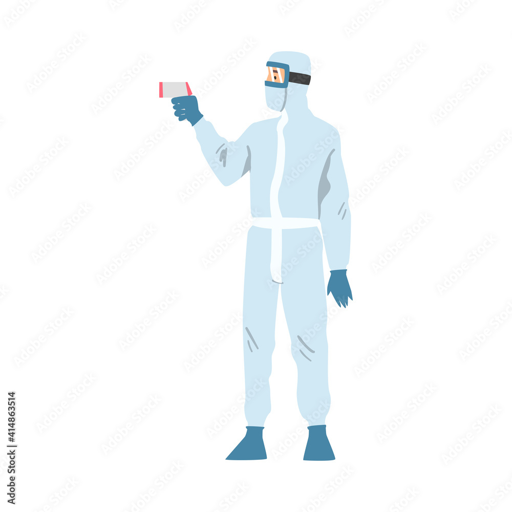 Medical Professional in Protective Suit Checking Temperature Using Non-contact Thermometer to Control Coronavirus Infection Cartoon Vector Illustration