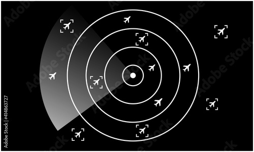 Radar Monitor. Air Traffic Control Radar screen and plane that is flying in the screen. background is a world map. Vector illustration eps10