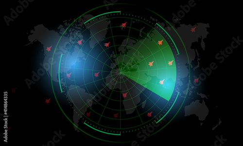 Radar Monitor. Air Traffic Control Radar screen and plane that is flying in the screen. background is a world map. Vector illustration eps10