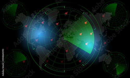 Radar Monitor. Air Traffic Control Radar screen and plane that is flying in the screen. background is a world map. Vector illustration eps10