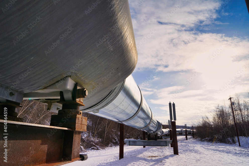 Fototapeta premium Trans-Alaska pipeline system in the snow. March 18, 2016, Alaska. It transports oil from Prudhoe Bay to Valdez, Alaska, USA.