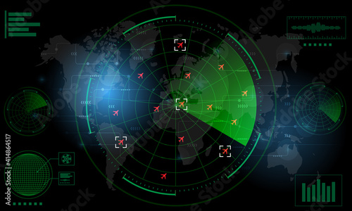 Radar Monitor. Air Traffic Control Radar screen and plane that is flying in the screen. background is a world map. Vector illustration eps10
