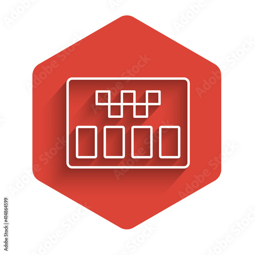 White line Taximeter device icon isolated with long shadow. Measurement appliance for passenger fare in taxi car. Red hexagon button. Vector.