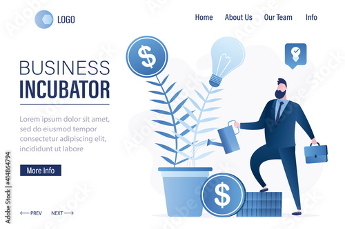 Business incubator landing page template. Businessman watering trees on which new ideas and money grow. Male investor grows plants.