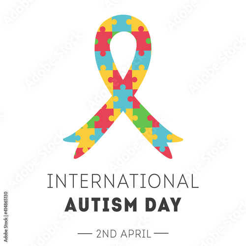International Autism Awareness Day Banner. Ribbon with colorful puzzle pieces pattern. Jigsaw mosaic as symbol of Autistic people. Social Difficulty. Mental disorder. Vector banner or poster on white.