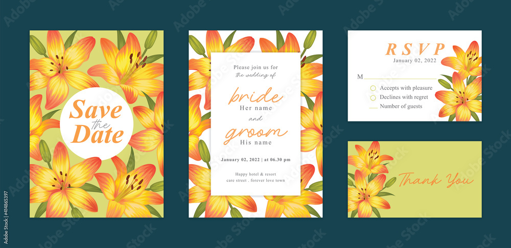 Beautiful lilies flower background template. Vector set of floral element for wedding invitations, greeting card, envelope, voucher, brochures and banners design.