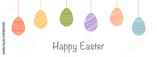 Festive horizontal banner template. Trendy geometric pattern on Easter Eggs in flat style. Raw of decorative eggs with various ornaments. Vector poster for religious holiday with caption Happy Easter.