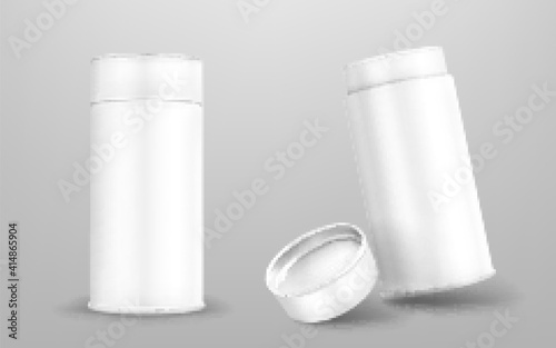 White paper tube, cardboard cylinder box with closed and open cap. Vector realistic mockup of carton round container, blank package tubus for food isolated on gray background