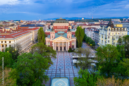Sunset aerial view of Ivan Vazov Theatre in Sofia, Bulgaria