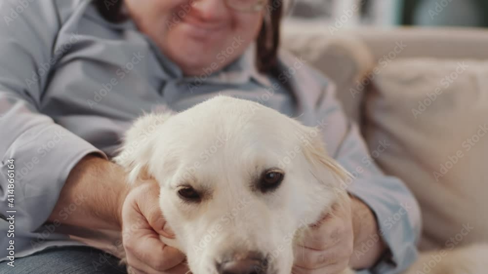 Joyous man with Down syndrome smiling and petting golden retriever dog while sitting on sofa at home Joyous man with Down syndrome smiling and petting golden retriever dog while sitting on sofa at home