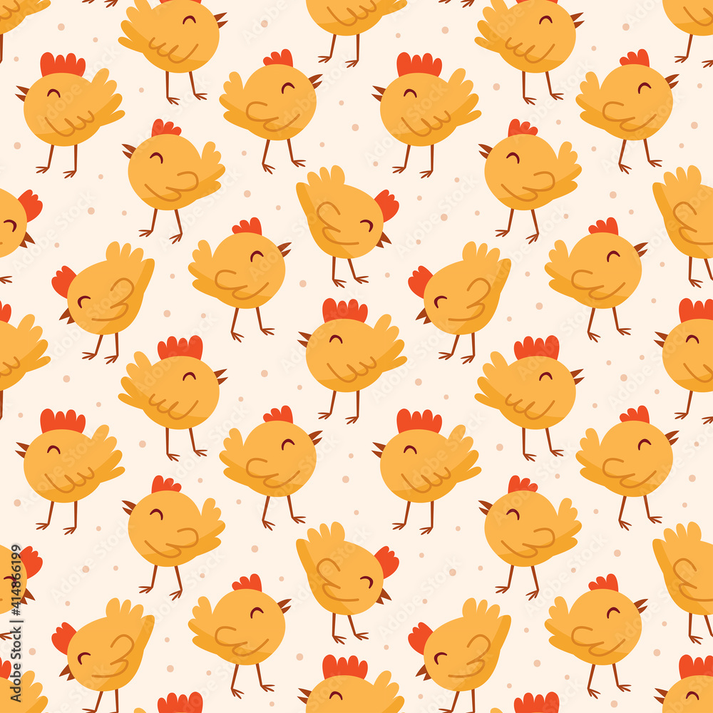 Bird, chicken, chick. Easter domestic animals, pets. Poultry farm, hennery, countryside life. Eco food production. Seamless pattern, texture, background. Packaging design.