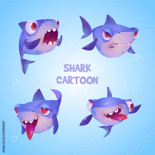 Cute shark cartoon character, funny fish mascot, underwater animal with kawaii muzzle express emotions fall in love, smiling, crazy, surprised and angry. Wild toothy predator, isolated vector set