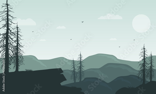 Mountain view with a bright sky at sunrise in the morning. Vector illustration