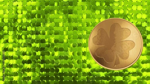 4K St. Patrick's Day symbols Horseshoe gold background.Shamrock luck. Patrick Day coins with shamrock leaf. Patrick Day pub party.