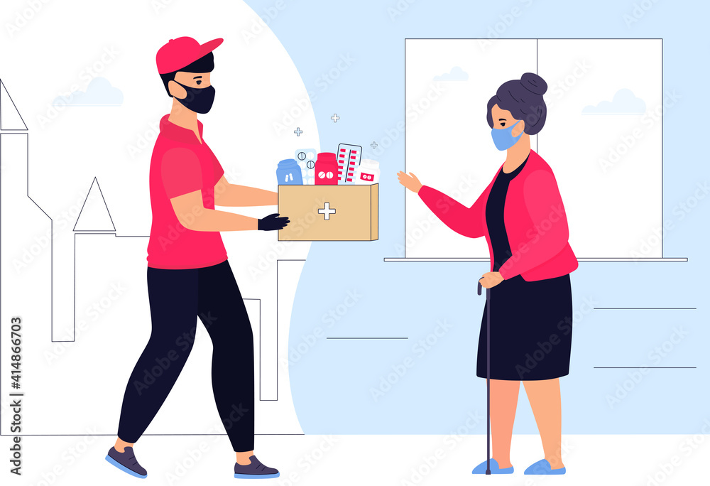 COVID-19. Coronavirus. A delivery man in a protective medical mask delivers medications to an old woman. Quarantine. Self isolation COVID-19. Coronavirus. A delivery man in a protective medical mask delivers medications to an old woman. Quarantine. Self isolation